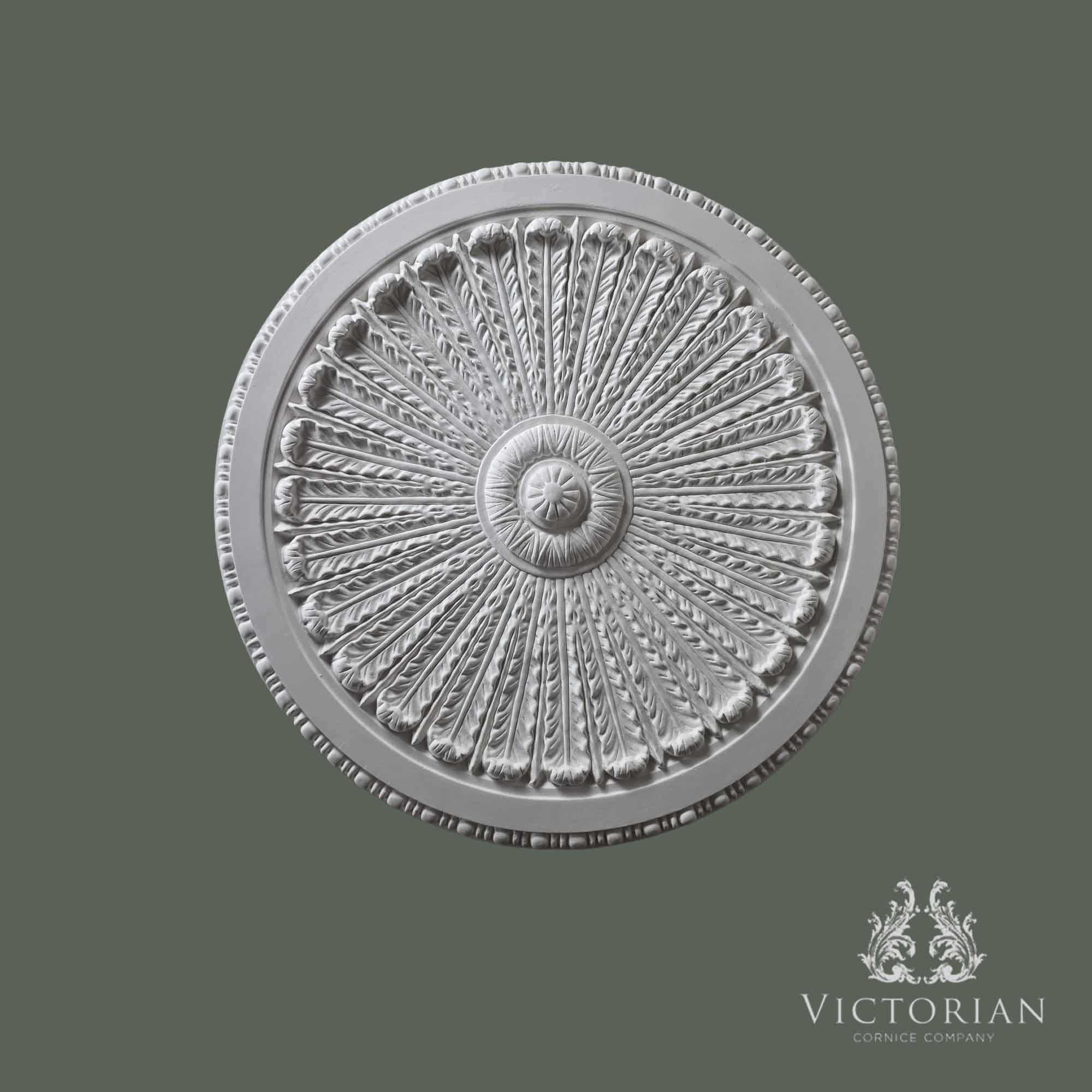 R12 handmade plaster ceiling rose with finely detailed radiating leaf design and decorative centre, 735mm diameter.