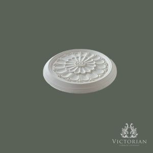 R15 Handmade Plaster Ceiling Rose – Side Profile Side profile of the R15 handmade plaster ceiling rose showing its shallow projection, floral centre and radiating petal detailing.