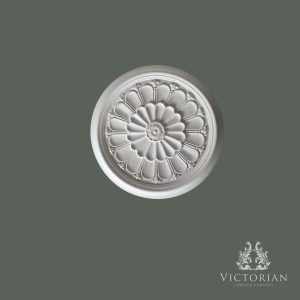 Front view of the R15 handmade plaster ceiling rose featuring a central flower, radiating petal design and smooth outer border.