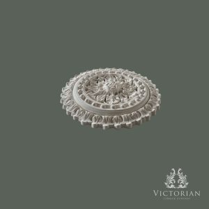 R18 Handmade Plaster Ceiling Rose – Side Profile Side profile of the R18 handmade plaster ceiling rose showing its raised openwork floral design, bead border and handcrafted plaster construction.