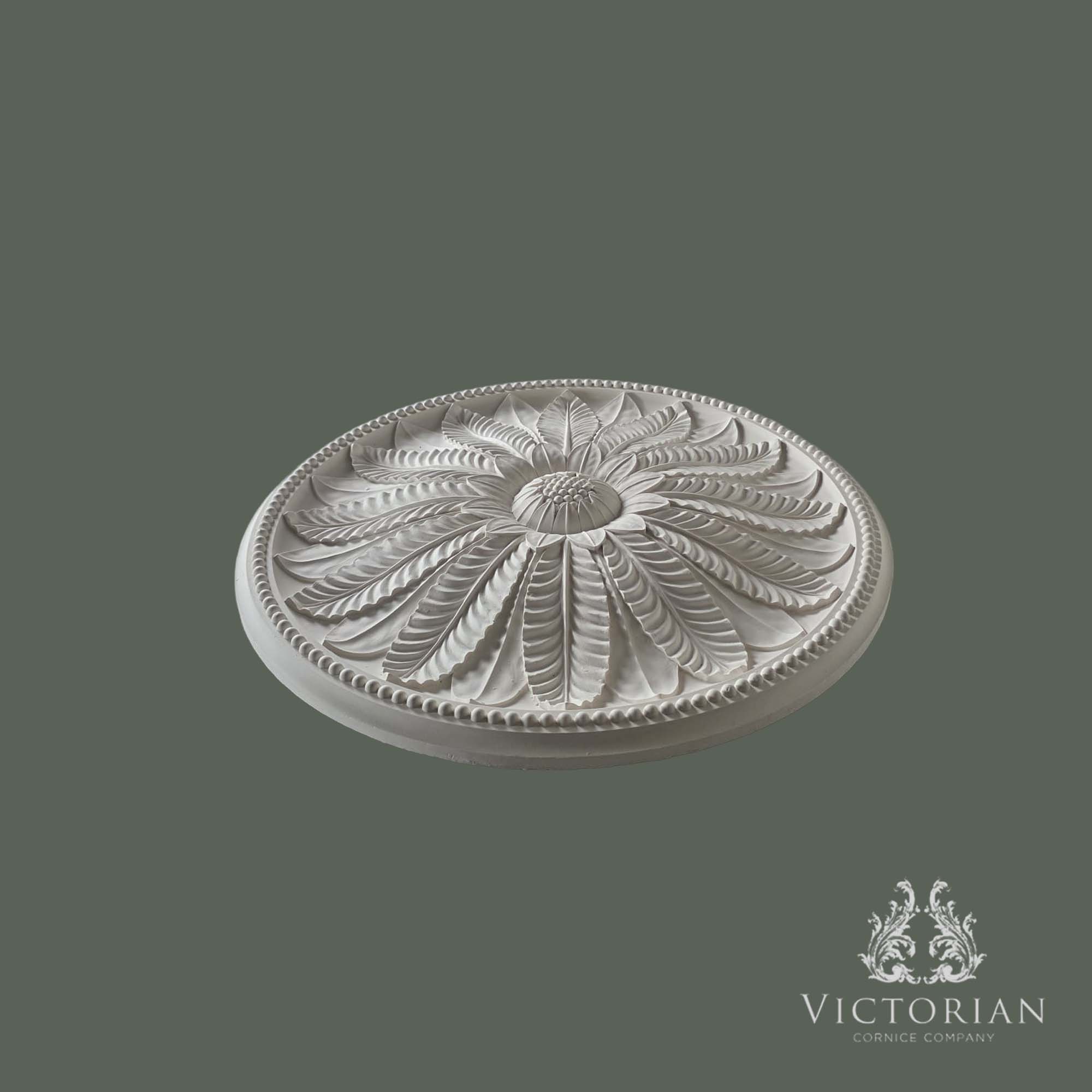 Side profile of the R19 handmade plaster ceiling rose showing its shallow projection, layered feathered leaf design, and beaded outer border.