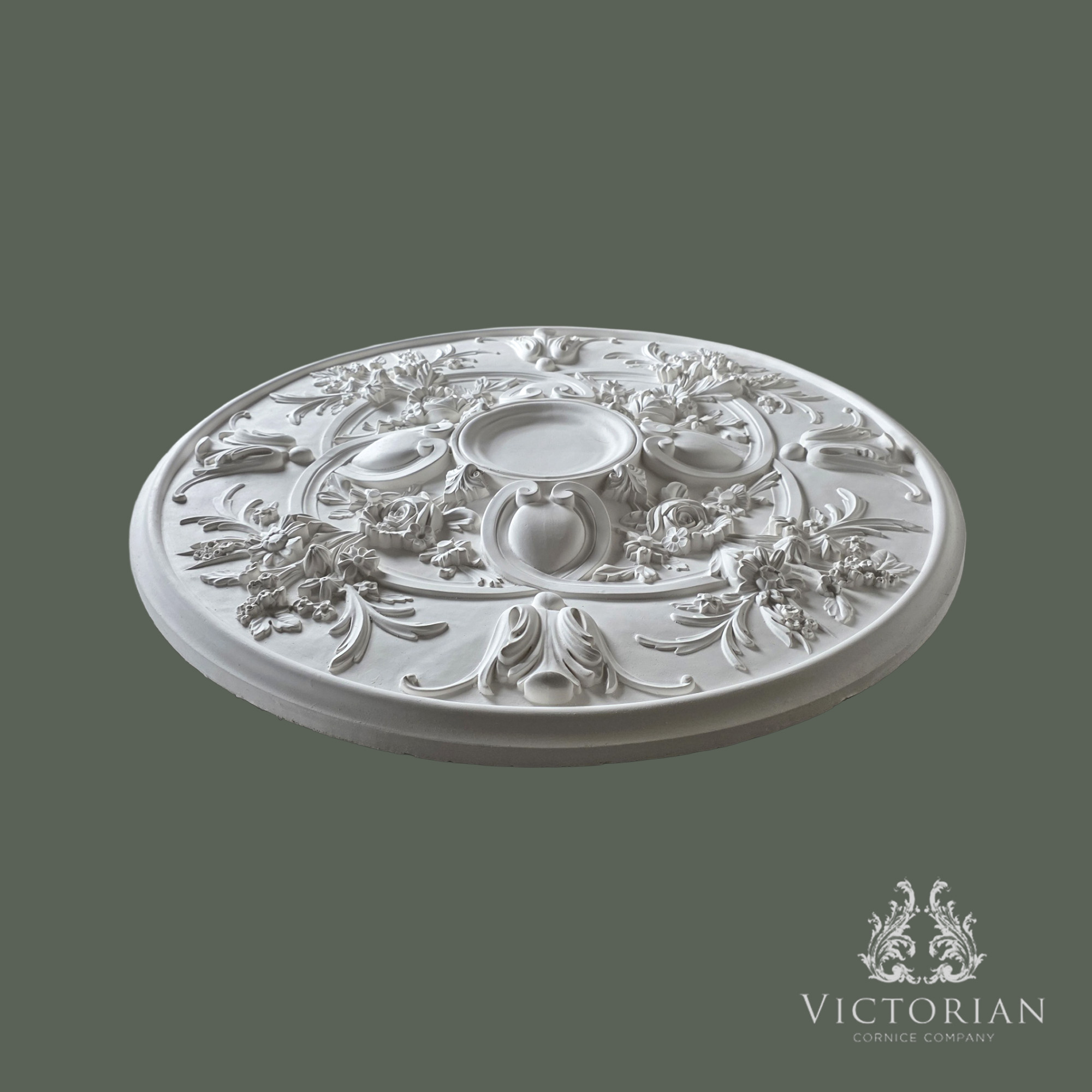 R2 plaster ceiling rose 800mm side profile showing ornate floral and scroll depth
