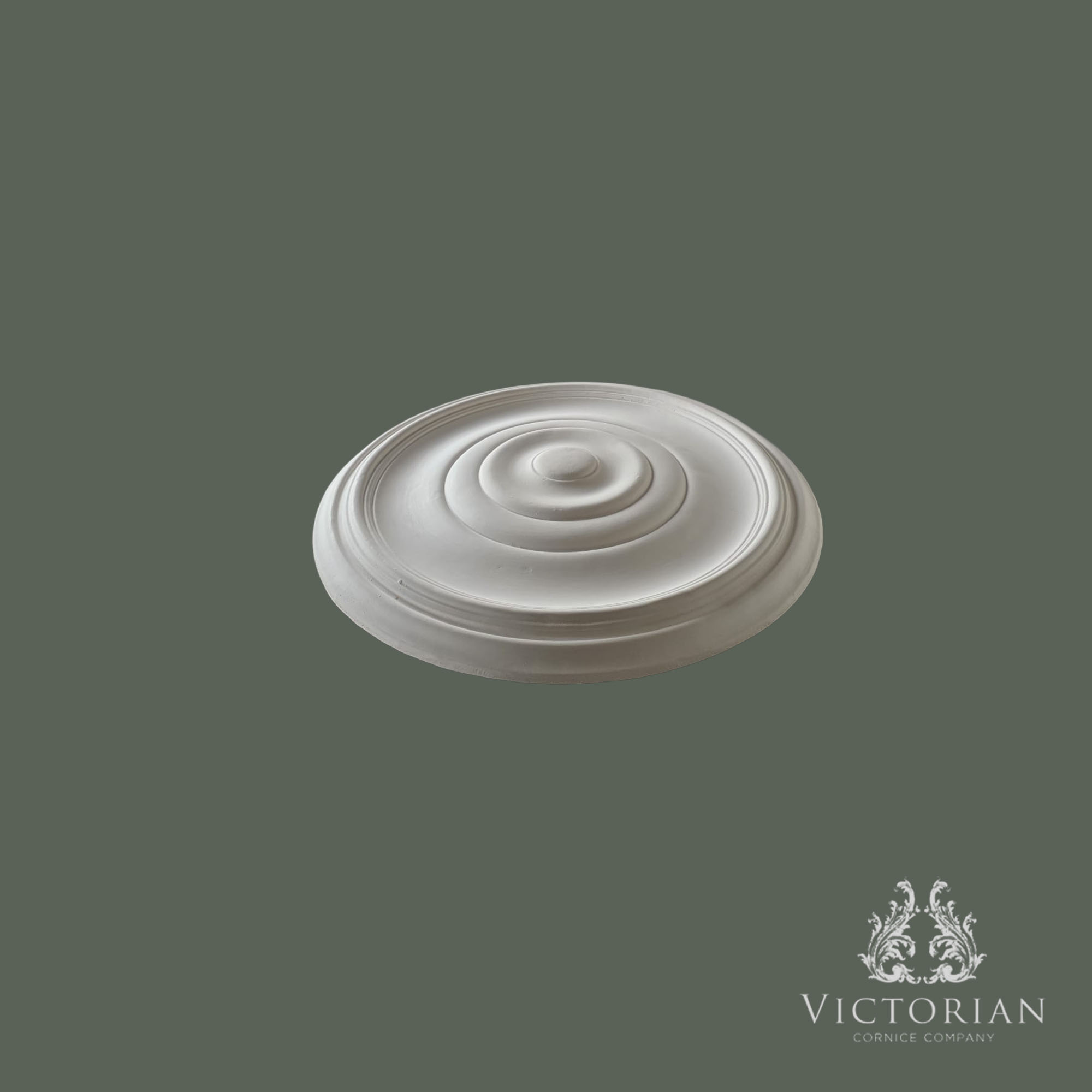 Side profile of the R26 handmade plaster ceiling rose showing its smooth stepped profile, gentle projection and concentric ring design.
