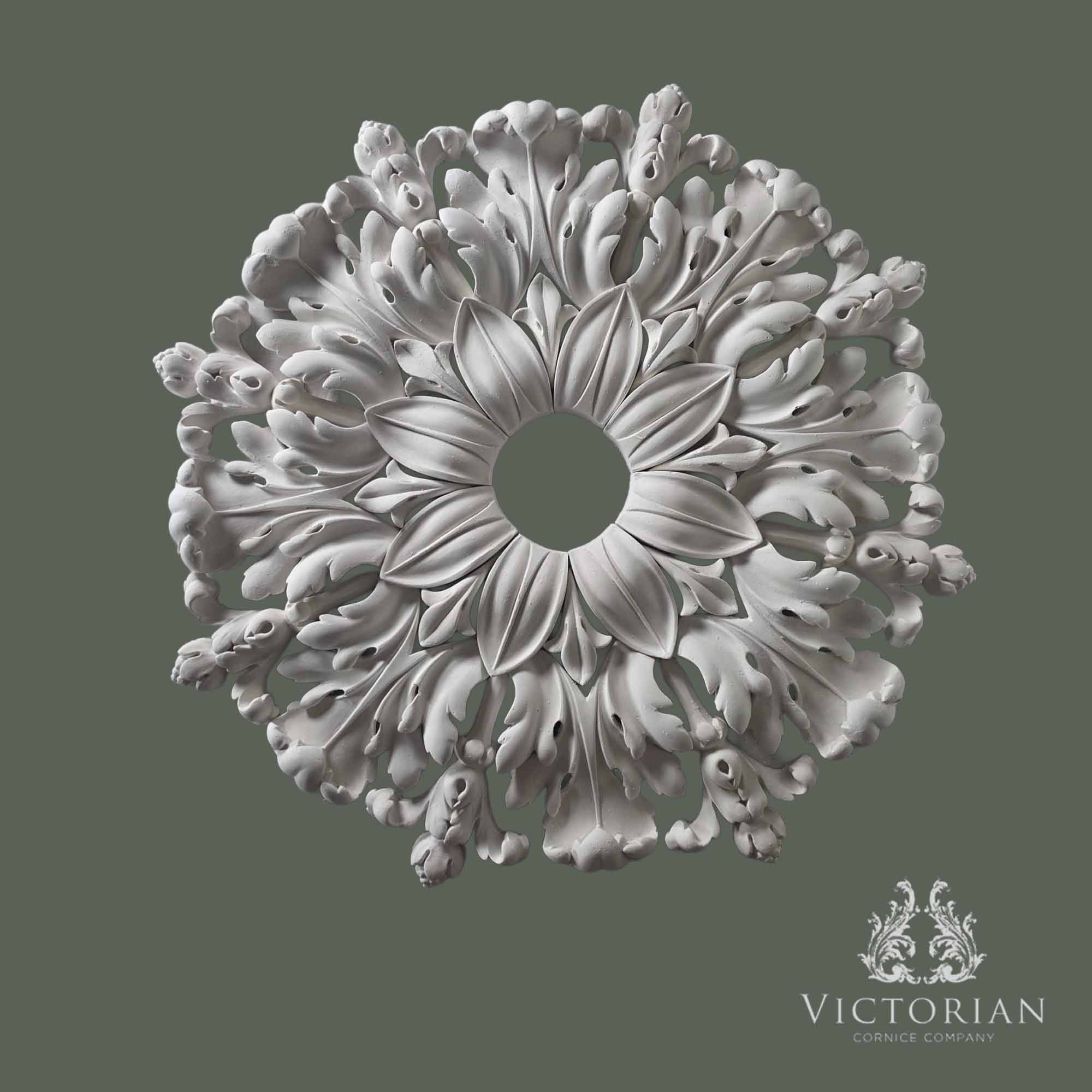 R28 handmade multi-piece plaster ceiling rose with layered acanthus leaves and floral centre, 820mm diameter.
