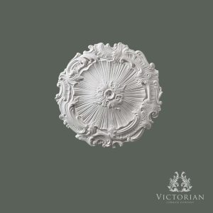 Front view of the R29 handmade plaster ceiling rose featuring an elegant Rococo-inspired scroll border with a radiating sunburst centre and decorative floral boss.
