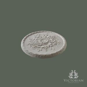 R36 Handmade Plaster Ceiling Rose – Side Profile Side profile of the R36 handmade plaster ceiling rose featuring a decorative fruit and floral centre with a traditional laurel leaf border.