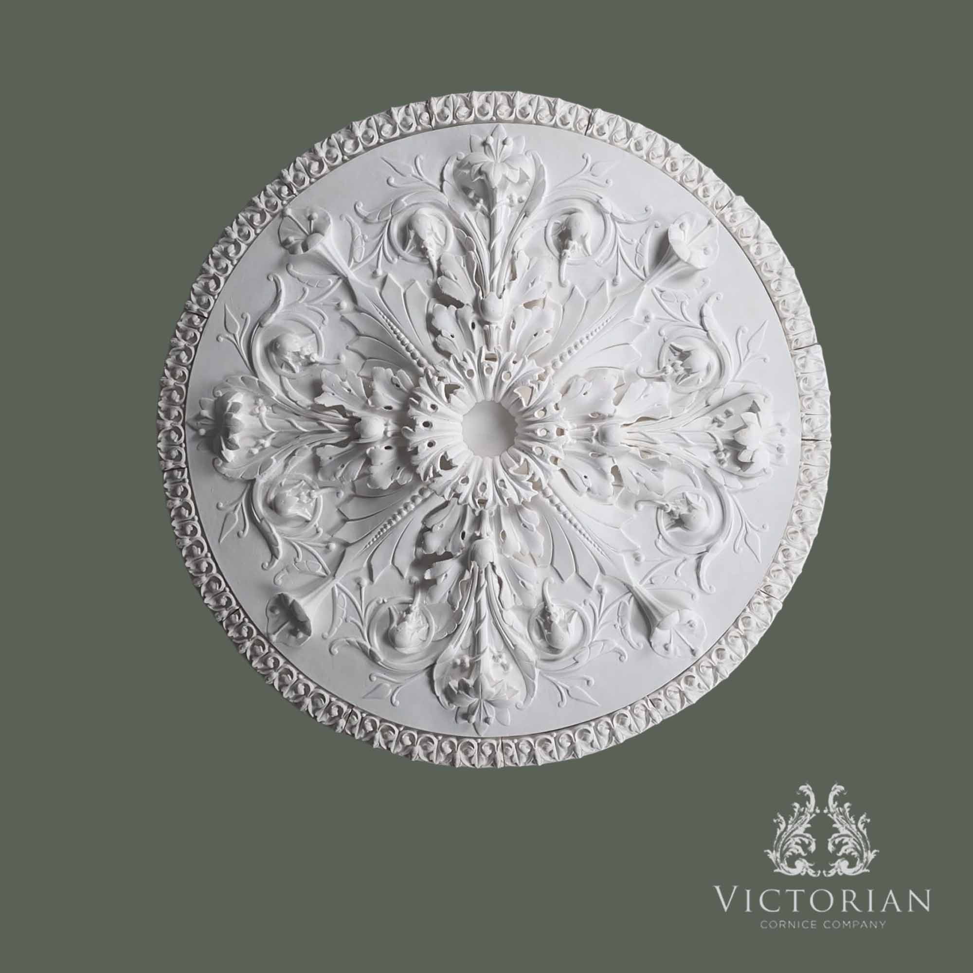 R37 handmade multi-piece plaster ceiling rose, 1090mm diameter, with decorative acanthus leaf design.