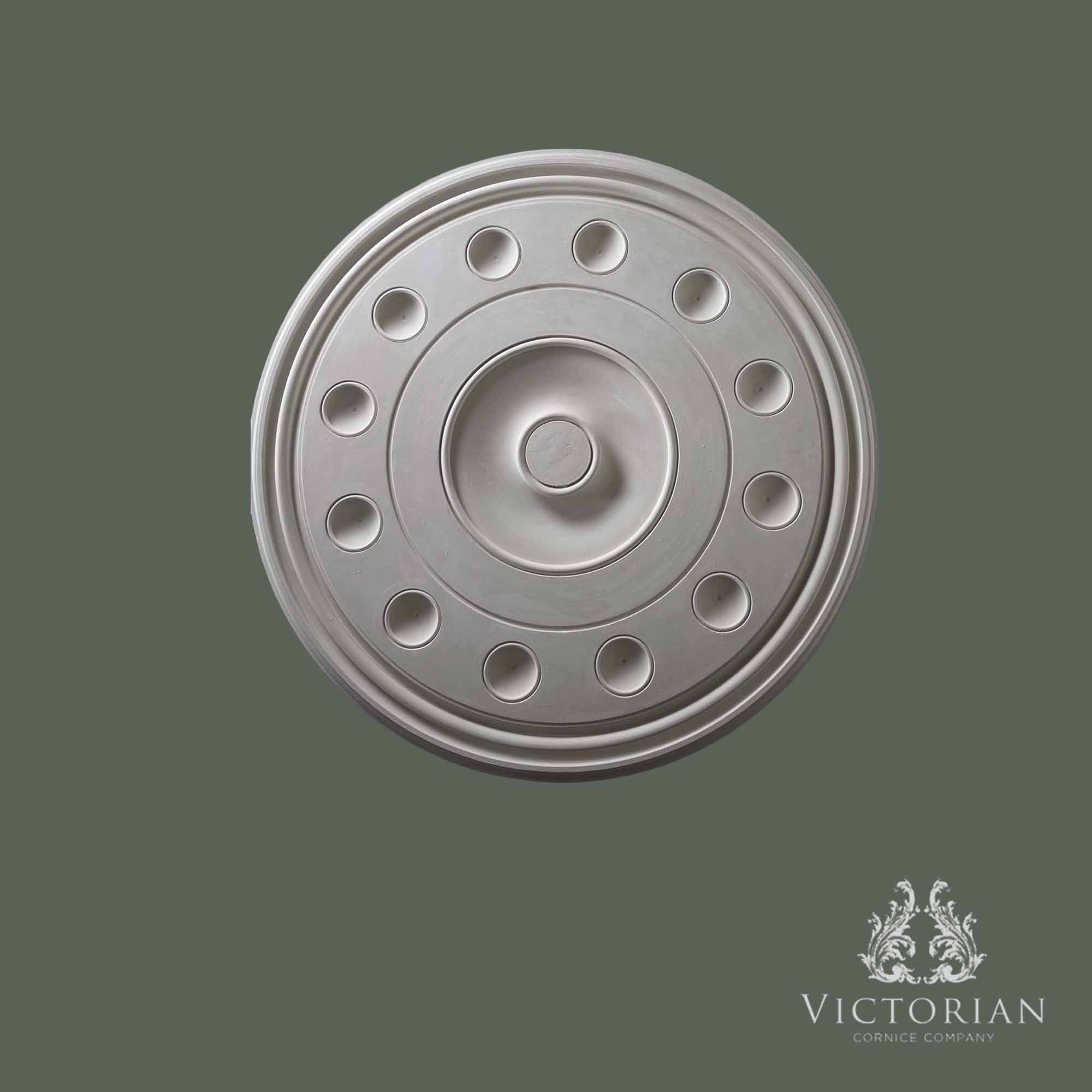 Front view of the R45 handmade plaster ceiling rose featuring a concentric stepped design with a decorative ring of recessed circular detailing.