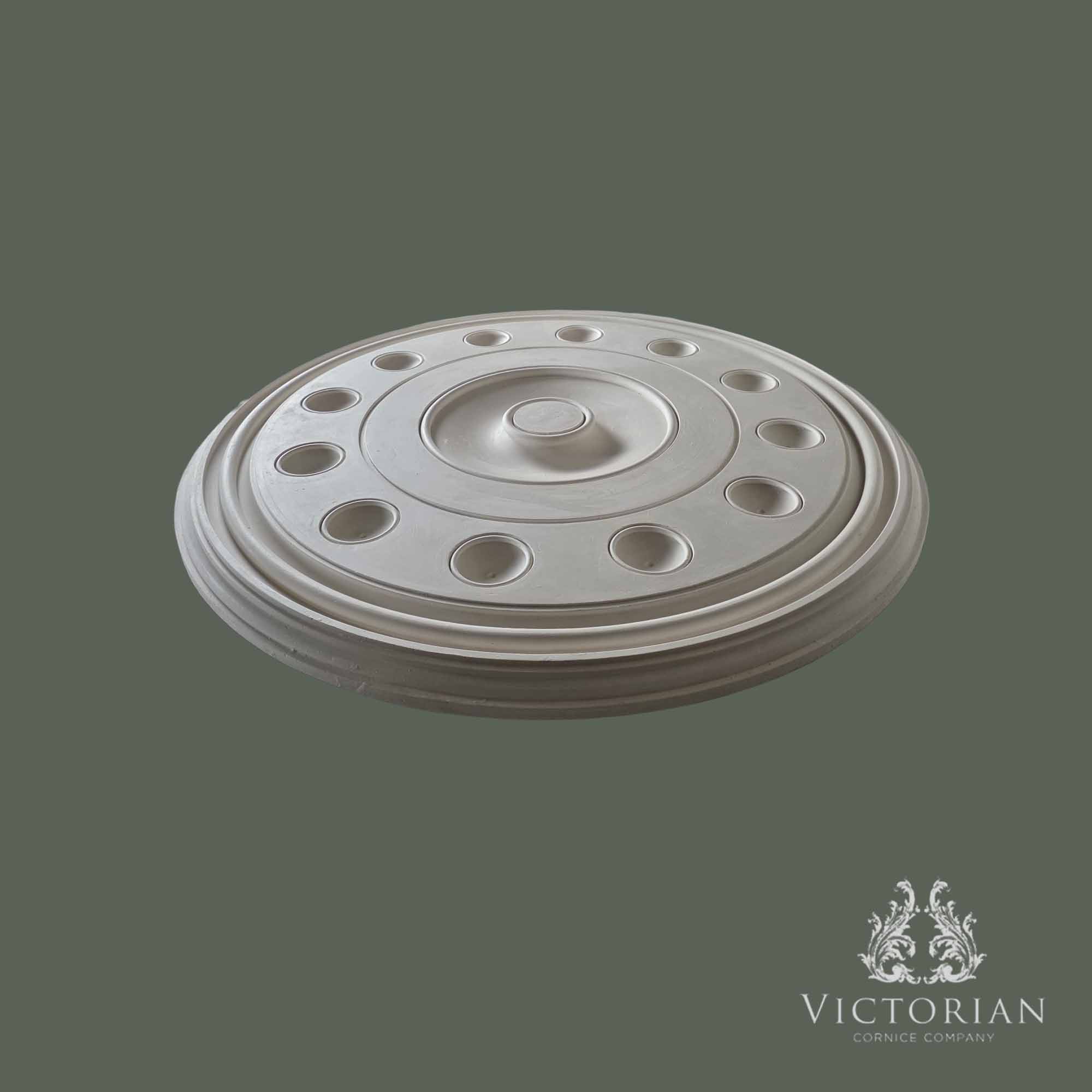 Side profile of the R45 handmade plaster ceiling rose showing its stepped concentric profile, recessed circular detailing and shallow projection.