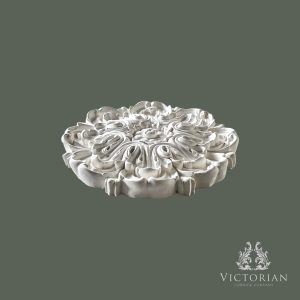R5 360mm plaster ceiling rose featuring a compact ornate leaf design. Handmade in the UK using traditional fibrous plaster, ideal for smaller rooms and subtle decorative finishes.