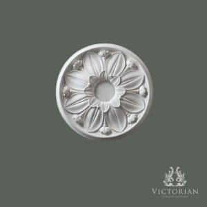 Front view of the R50 handmade plaster ceiling rose featuring a classic floral design with layered petals and decorative flower bud detailing.