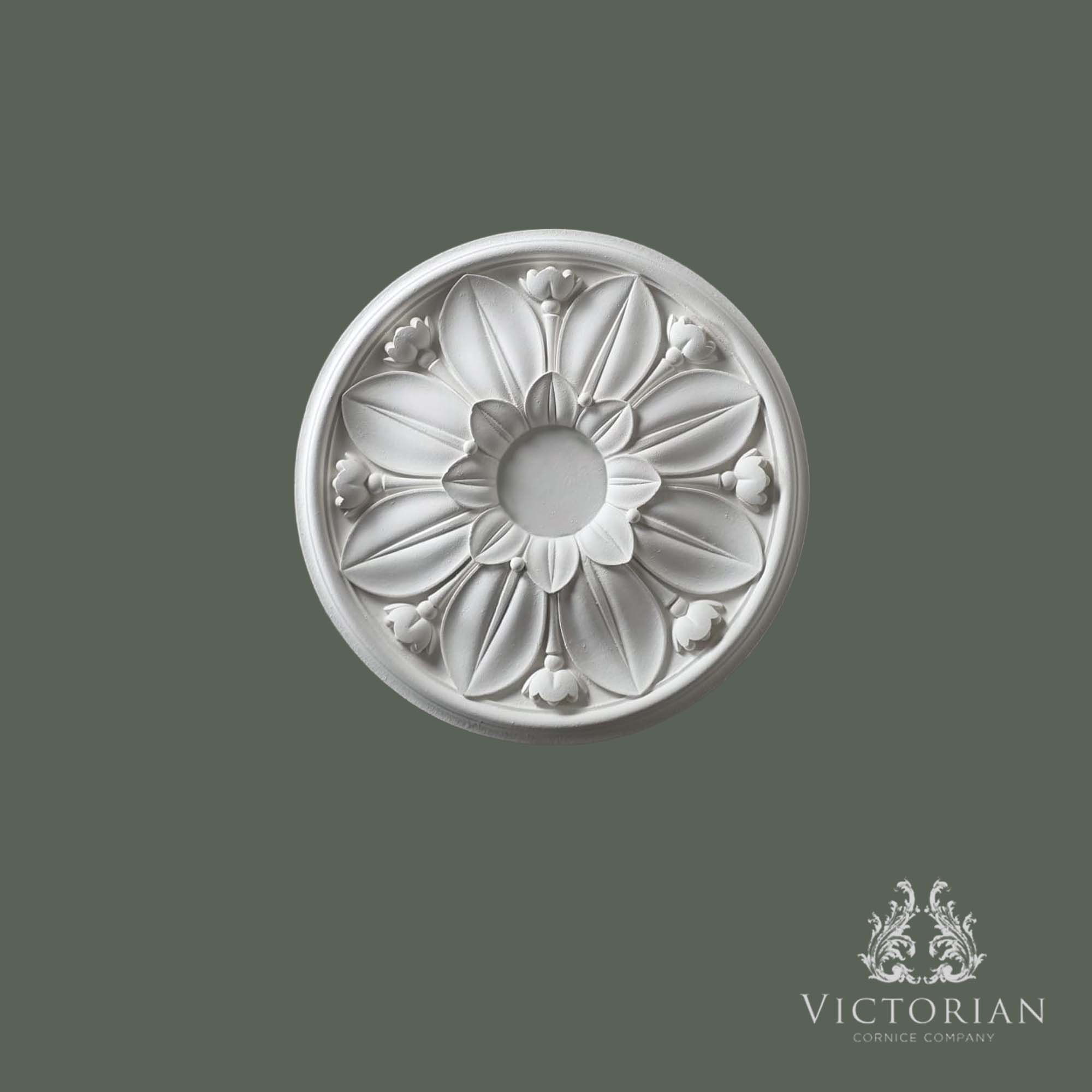Front view of the R50 handmade plaster ceiling rose featuring a classic floral design with layered petals and decorative flower bud detailing.
