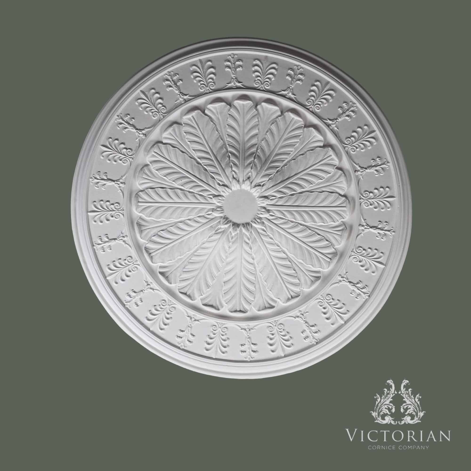 R51 handmade plaster ceiling rose, 1070mm diameter, featuring a feather leaf centre with decorative acanthus border.