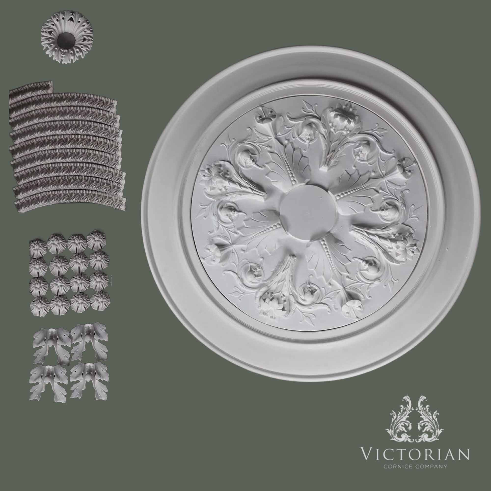 Exploded view of the R53 multi-piece plaster ceiling rose showing the individual handmade plaster components before assembly.