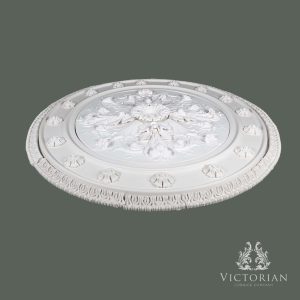 Side profile of the R53 multi-piece plaster ceiling rose showing its raised acanthus centre, moulded outer band and layered construction.