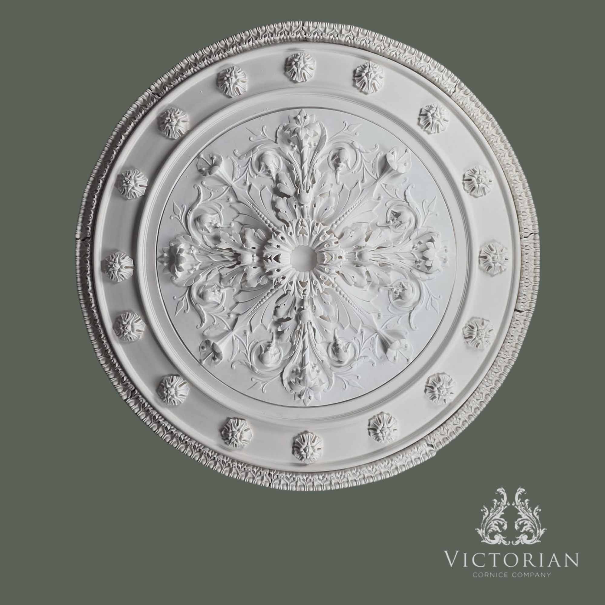 R53 handmade multi-piece plaster ceiling rose, 1480mm diameter, featuring an ornate acanthus centre with decorative moulded outer band.