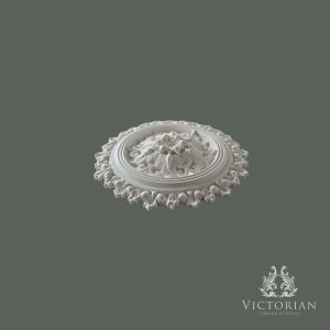 Side profile of the R54 handmade plaster ceiling rose showing its raised acanthus leaf centre and decorative outer leaf border.