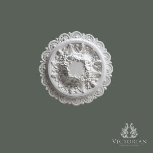 Front view of the R55 handmade plaster ceiling rose featuring ornate acanthus leaves, floral detailing and a decorative scalloped outer border.