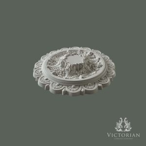 Side profile of the R55 handmade plaster ceiling rose showing its raised acanthus leaf design, floral detailing and decorative scalloped outer border.