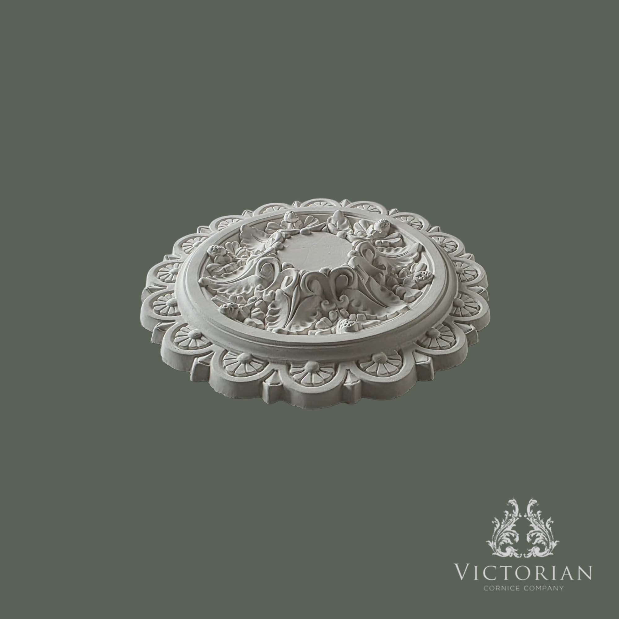 Side profile of the R55 handmade plaster ceiling rose showing its raised acanthus leaf design, floral detailing and decorative scalloped outer border.