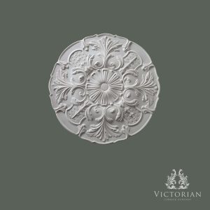 R63 handmade plaster ceiling rose with acanthus leaf scrolls, decorative lattice panels and traditional Victorian detailing, 590mm diameter.
