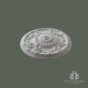 Side profile of the R64 plaster ceiling rose showing its elegant projection, fluted centre and handcrafted Victorian detail.