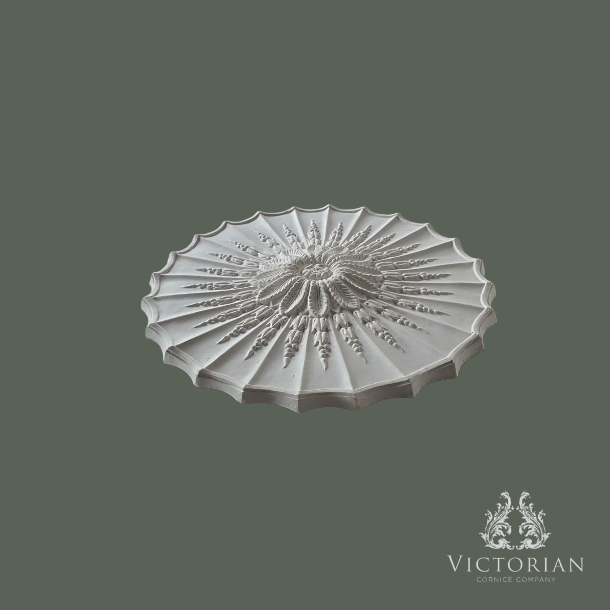 Side profile of the R67 plaster ceiling rose showing its shallow projection, radiating leaf detail and handcrafted Victorian design.