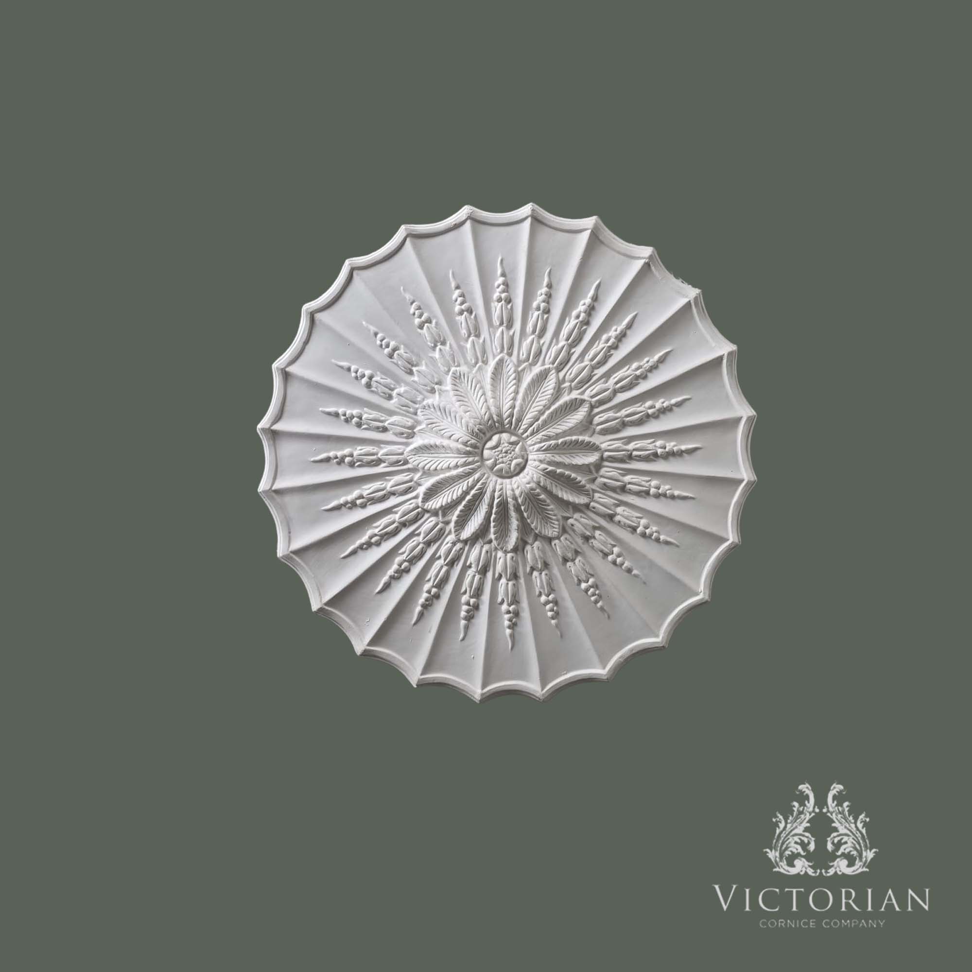 R67 handmade plaster ceiling rose with radiating leaf motif and scalloped edge, 445mm diameter.