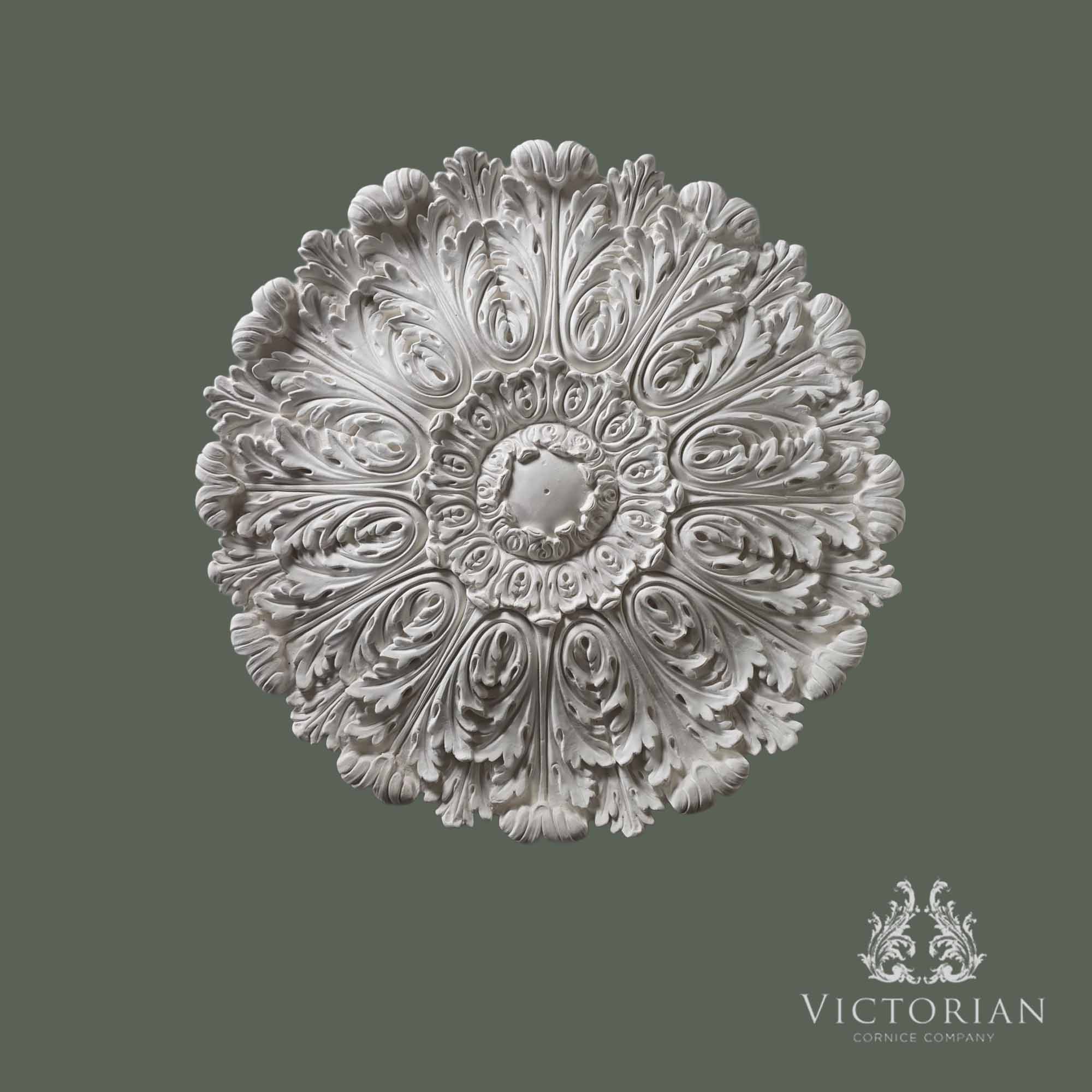 R69 handmade plaster ceiling rose with richly detailed acanthus leaf design, 730mm diameter.