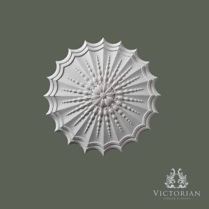 Front view of the R71 handmade plaster ceiling rose featuring a scalloped edge, radiating bead detailing and a decorative floral centre.