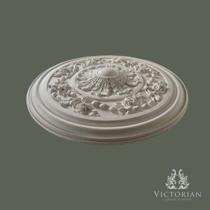 R75 Plaster Ceiling Rose – Side Profile Side profile of the R75 plaster ceiling rose showing the raised acanthus centre, floral detailing and stepped moulded outer profile.