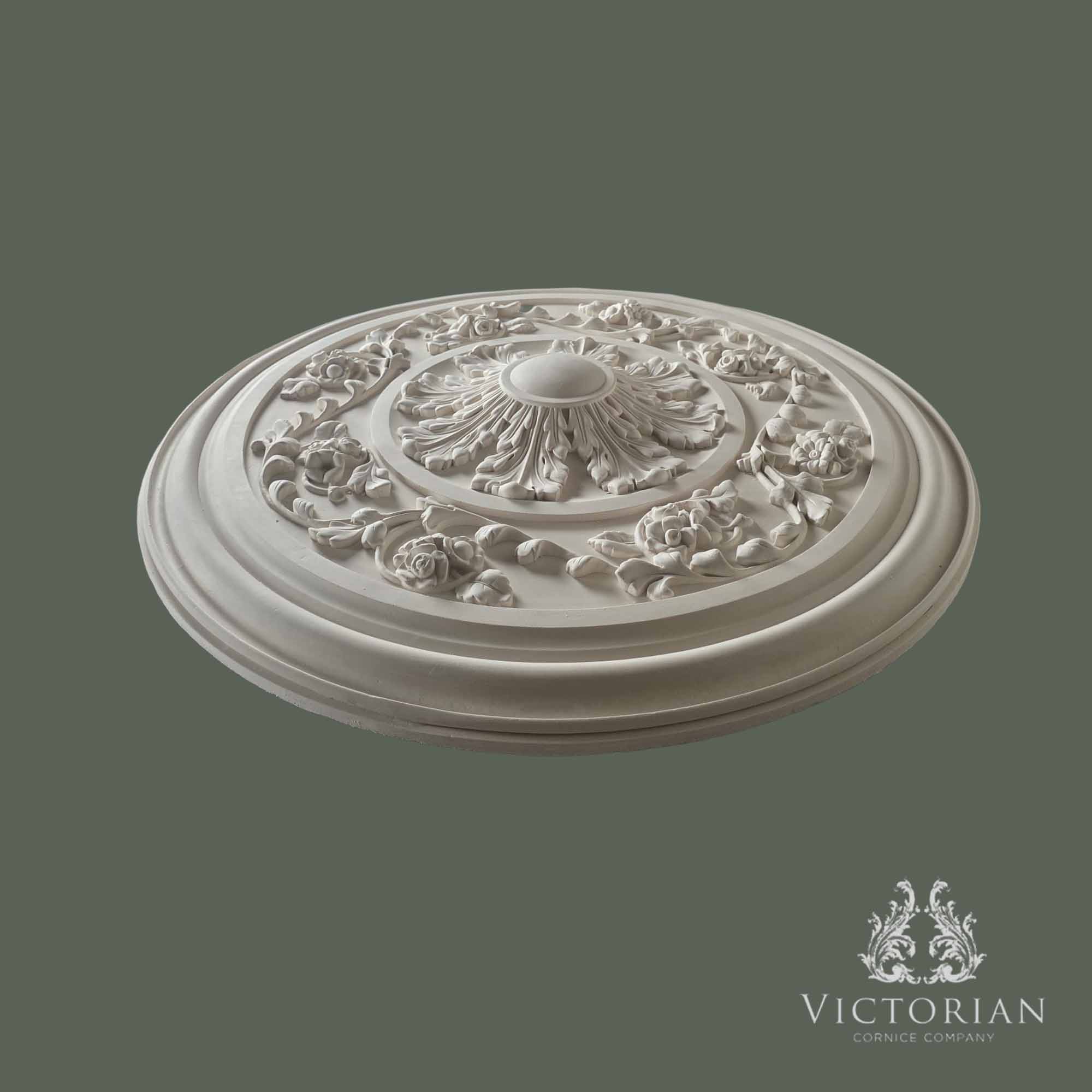 Side profile of the R75 plaster ceiling rose showing the raised acanthus centre, floral detailing and stepped moulded outer profile.