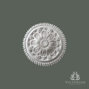 Front view of the R76 handmade plaster ceiling rose featuring a Gothic-inspired floral design with intricate petal detailing, decorative rosettes, and a striking leaf border.