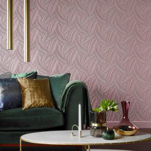 Lincrusta Tropical Leaf Wallcovering – Contemporary Embossed Botanical Design Modern living room with pink embossed Lincrusta tropical leaf wallcovering and luxury contemporary décor