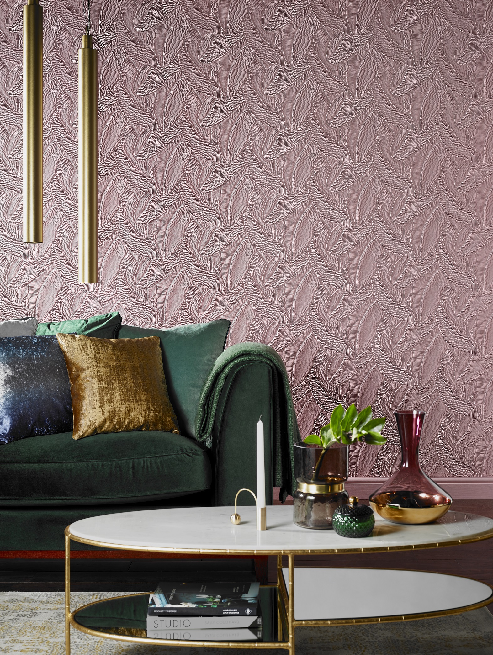 Modern living room with pink embossed Lincrusta tropical leaf wallcovering and luxury contemporary décor