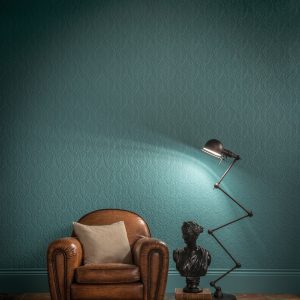Lincrusta Sophia wallcovering with ornate damask pattern in teal interior setting