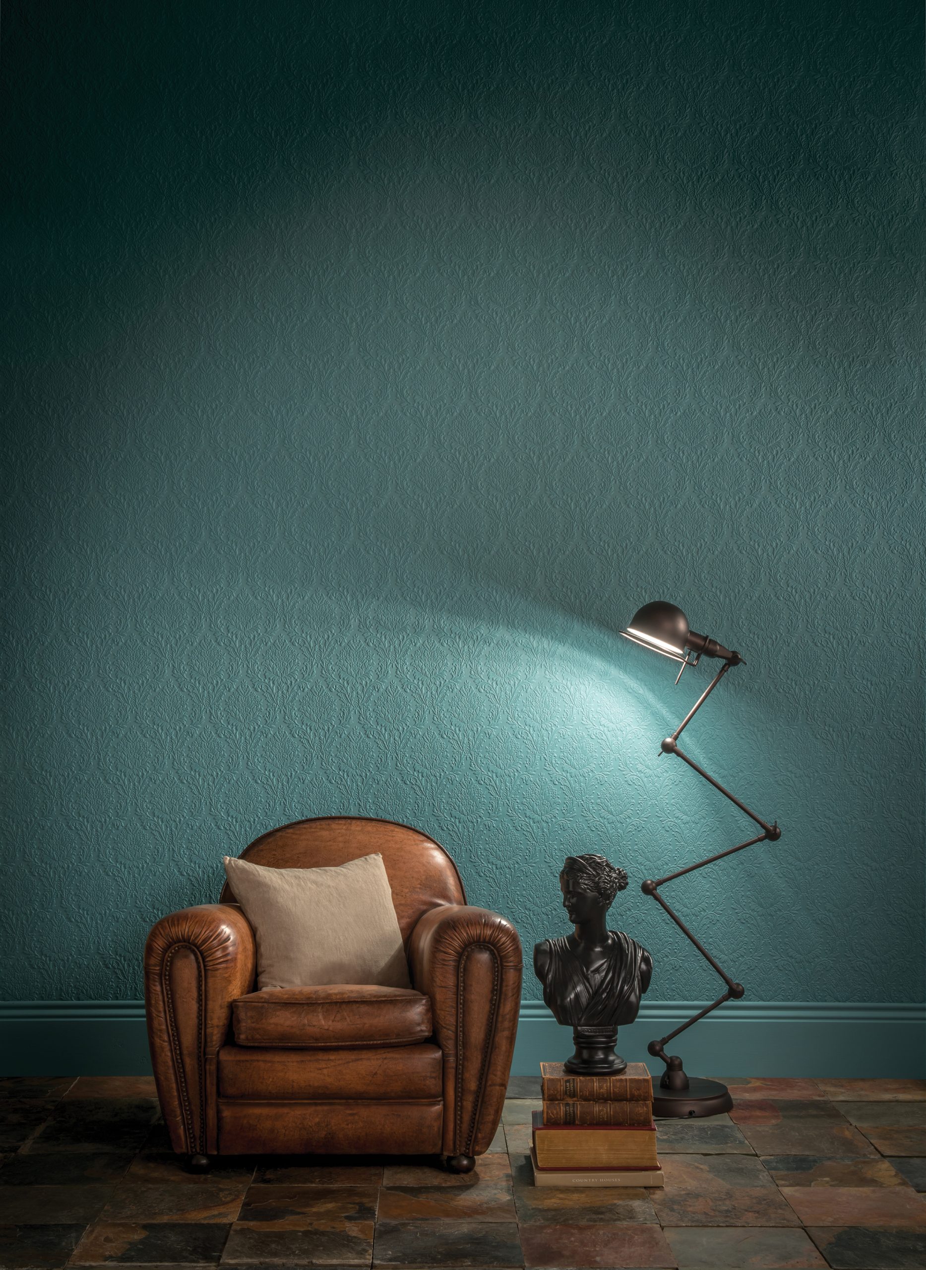 Lincrusta Sophia wallcovering with ornate damask pattern in teal interior setting