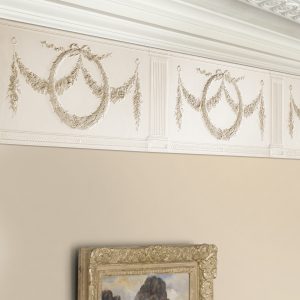 Lincrusta RD1949FR Adelphi Frieze installed beneath decorative plaster cornice in a traditional interior