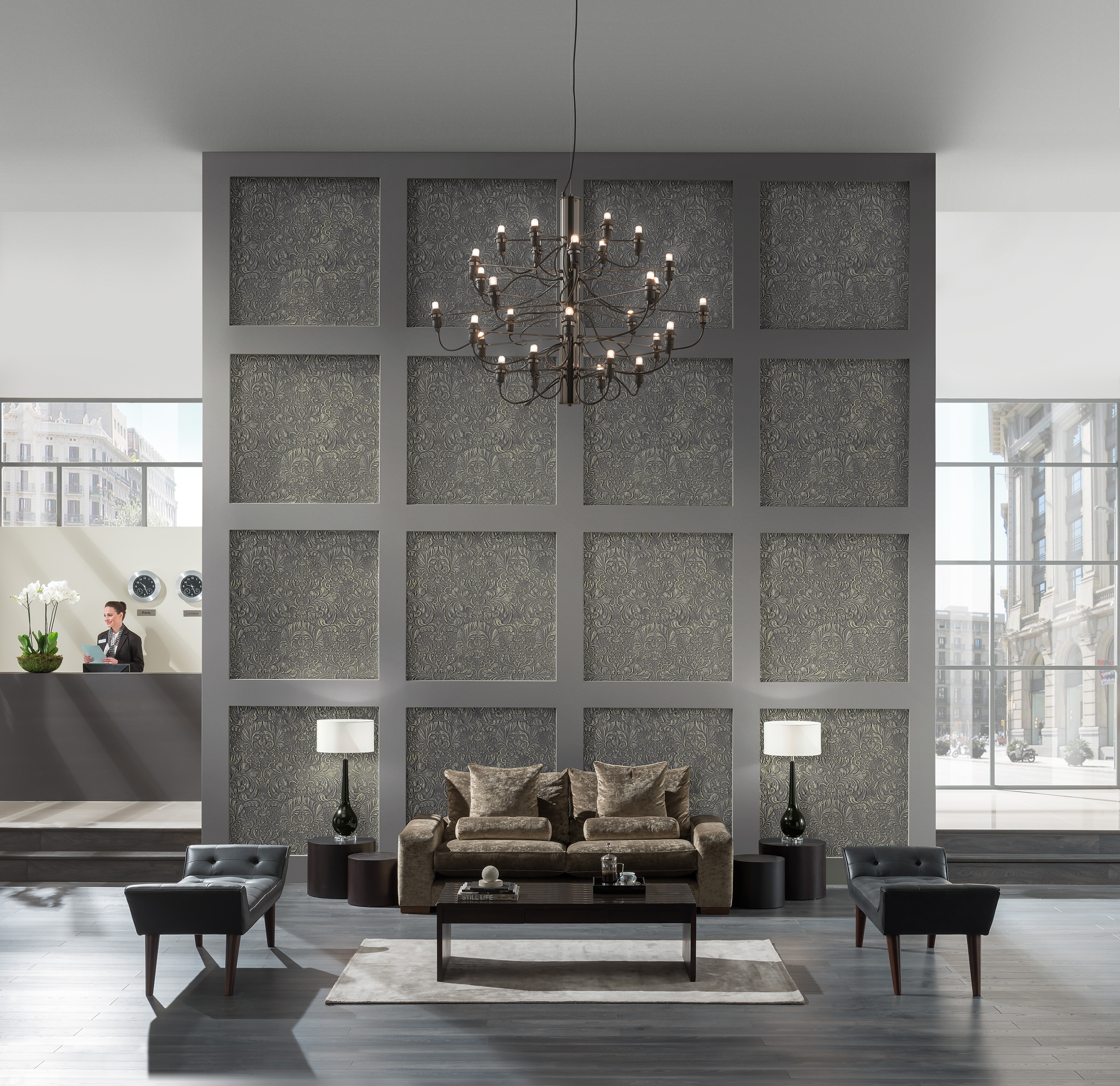 Lincrusta Italian Renaissance wallcovering panels in luxury hotel lobby interior