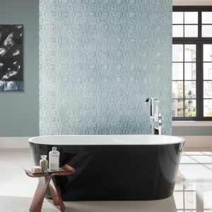 Lincrusta Amelia wallcovering in luxury bathroom with embossed geometric starburst design