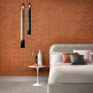 Lincrusta Acanthus wallcovering in luxury bedroom with embossed scroll leaf pattern