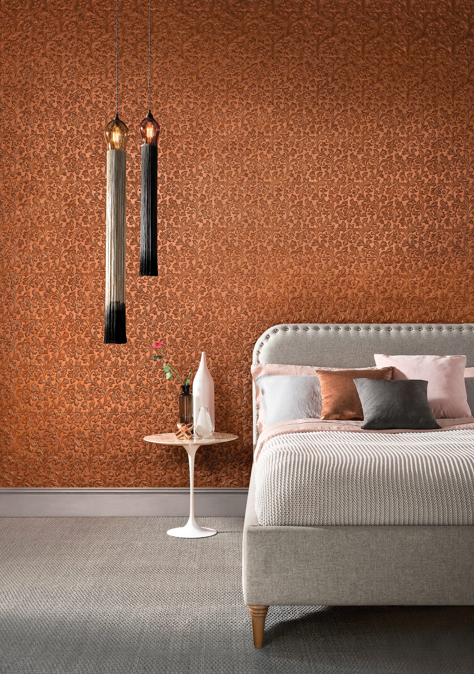 Lincrusta Acanthus wallcovering in luxury bedroom with embossed scroll leaf pattern
