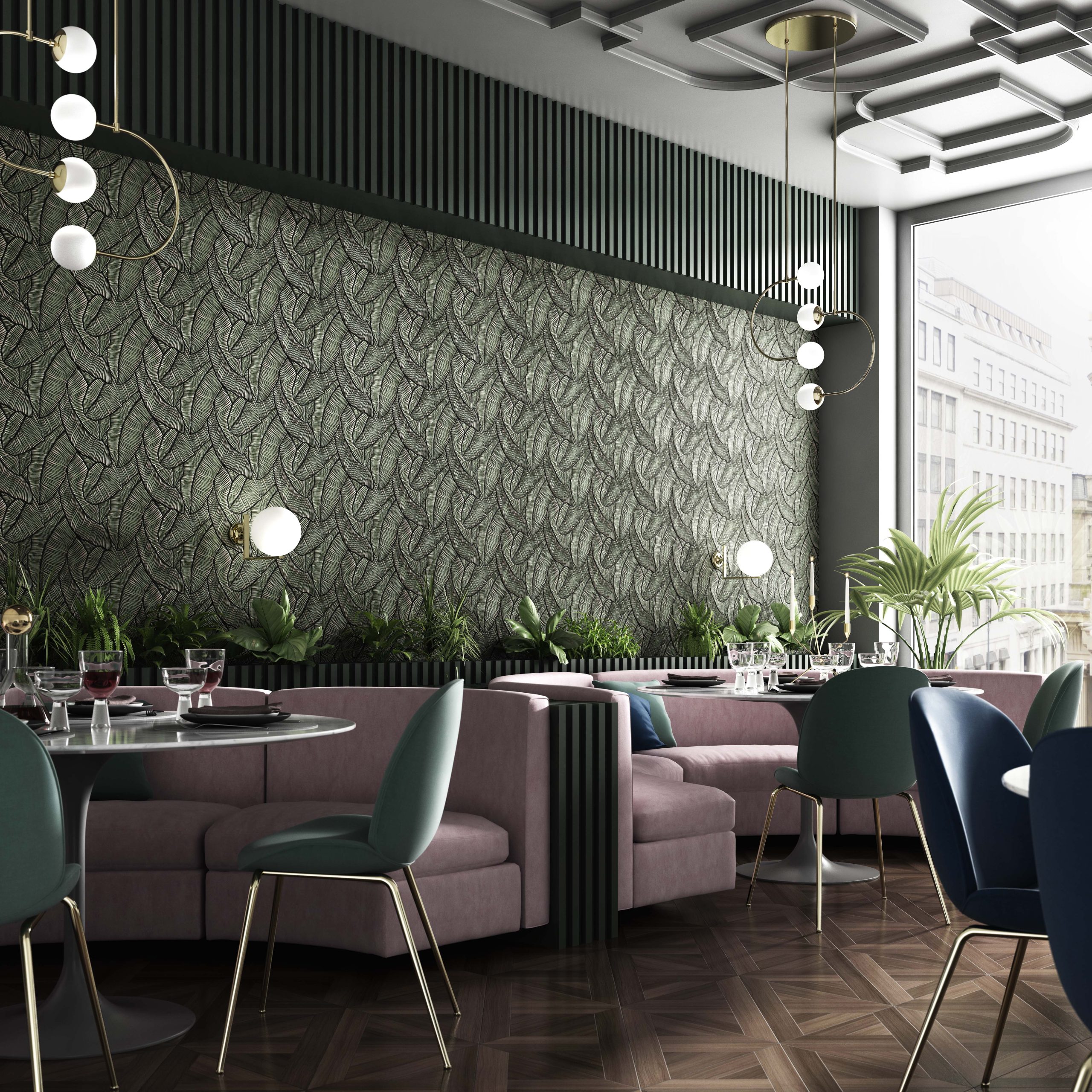Luxury restaurant interior featuring Lincrusta tropical leaf wallcovering with embossed botanical texture