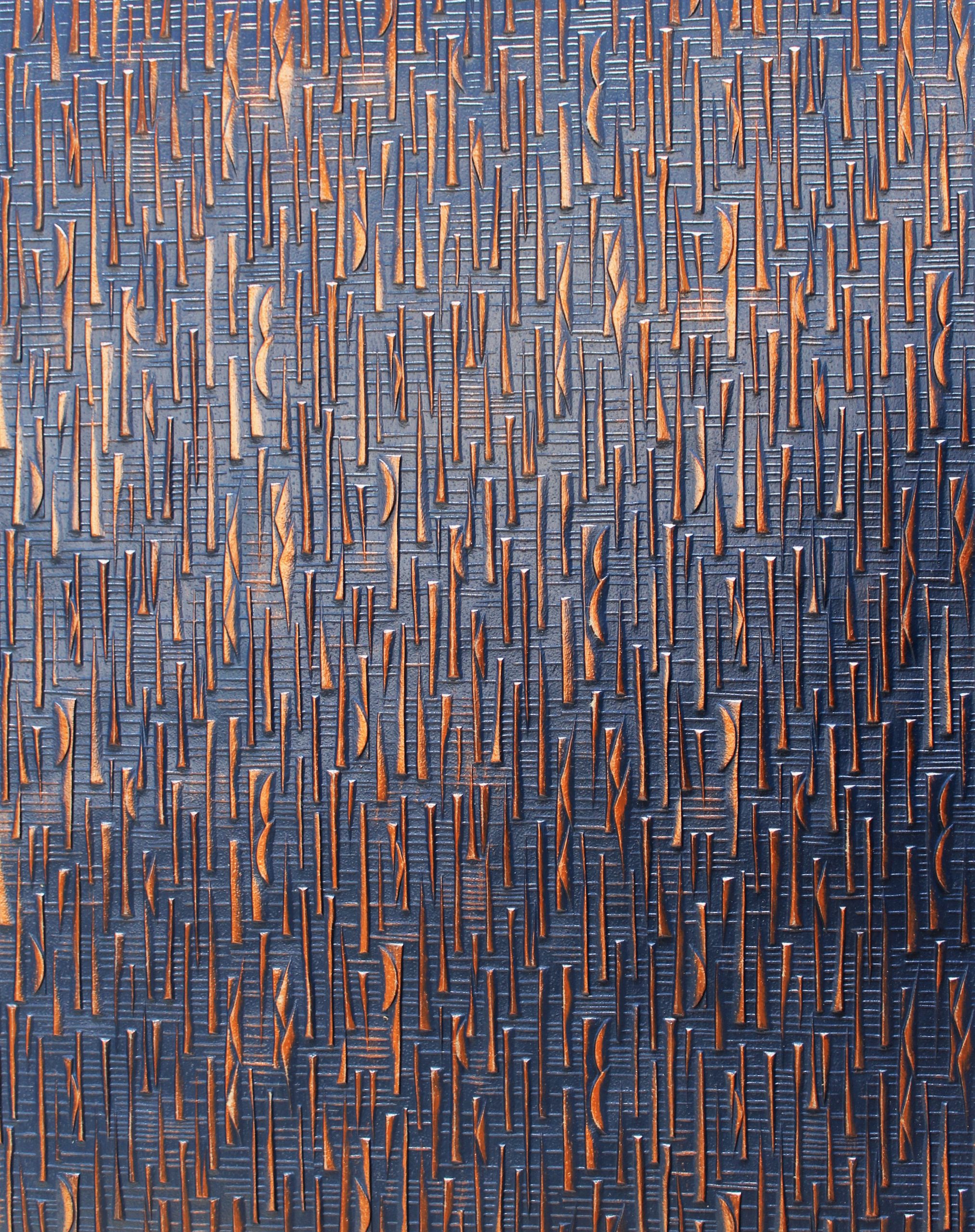 Lincrusta textured wallcovering with abstract vertical pattern in blue and copper finish