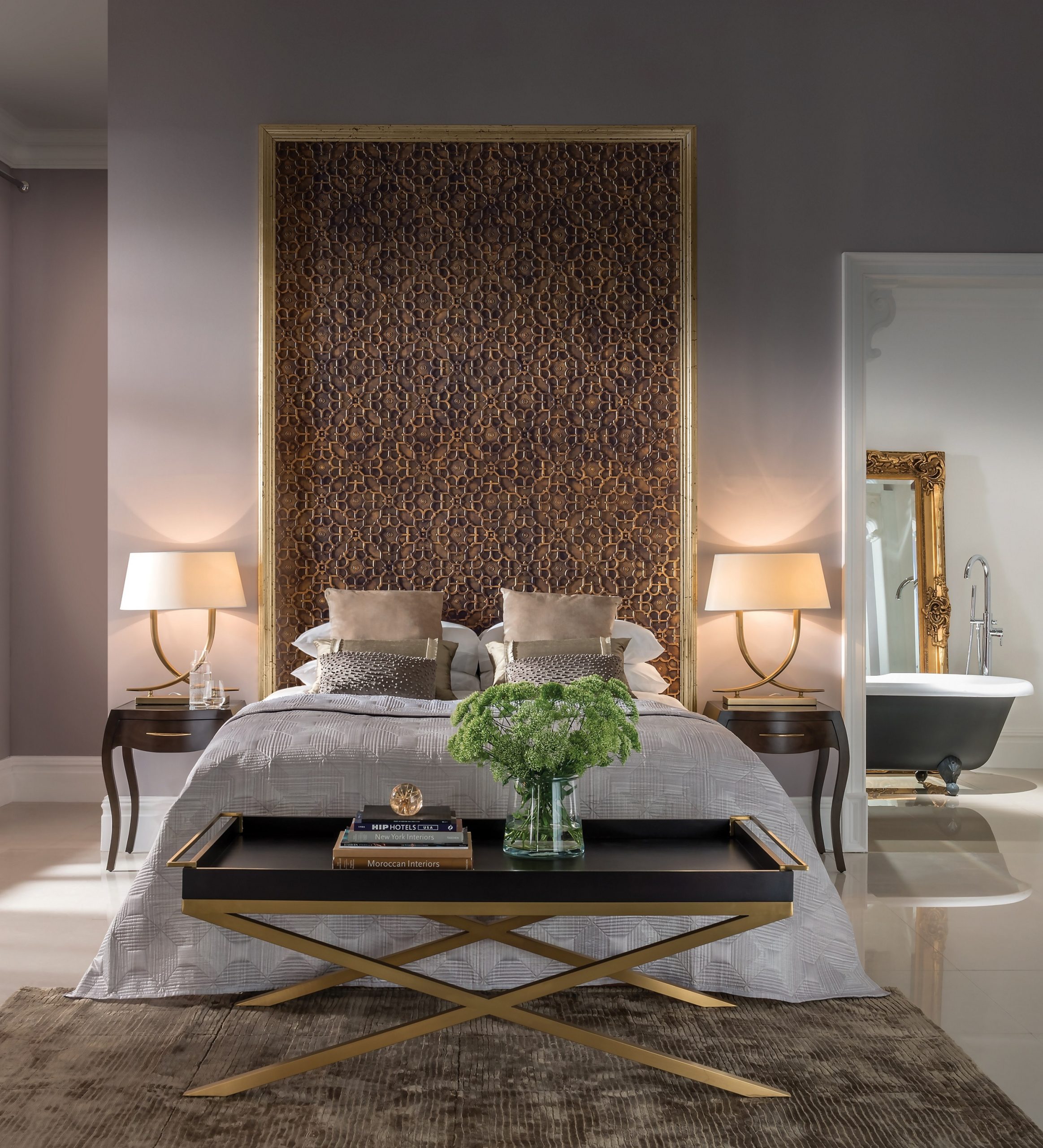 Lincrusta Elizabeth wallcovering feature panel in bedroom with gold geometric embossed design