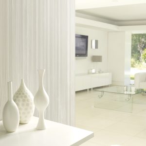 Lincrusta textured wallcovering with vertical linear pattern in modern white interior