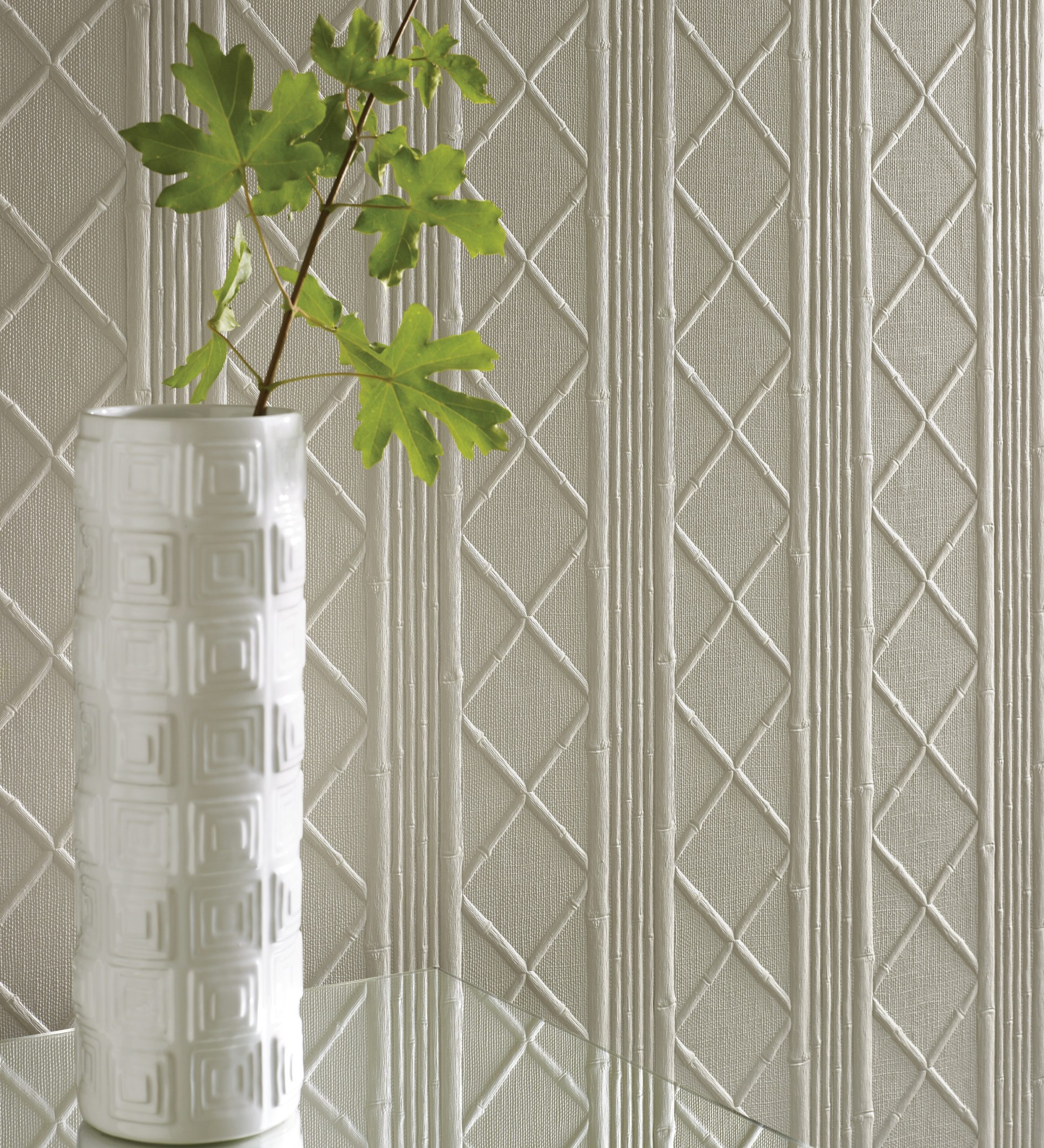Lincrusta bamboo trellis wallcovering in soft neutral interior setting