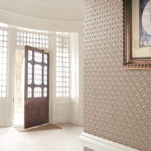 Lincrusta geometric floral wallcovering installed in elegant hallway with decorative dado rail