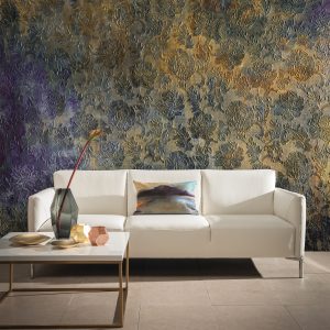 Lincrusta Aphrodite Wallcovering – Metallic Floral Interior Feature Luxury interior featuring Lincrusta Aphrodite floral wallcovering with dramatic metallic finish