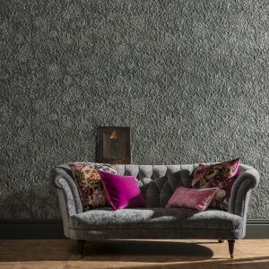 Lincrusta Kelmscott Wallcovering – Luxury Floral Interior Setting Luxury living room featuring Lincrusta Kelmscott embossed floral wallcovering in dark metallic finish